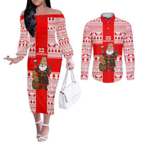 Georgia Christmas Couples Matching Off The Shoulder Long Sleeve Dress and Long Sleeve Button Shirt with Santa in Chokha Wine Barrel Gingerbread and Coat of Arms Design - Wonder Print Shop