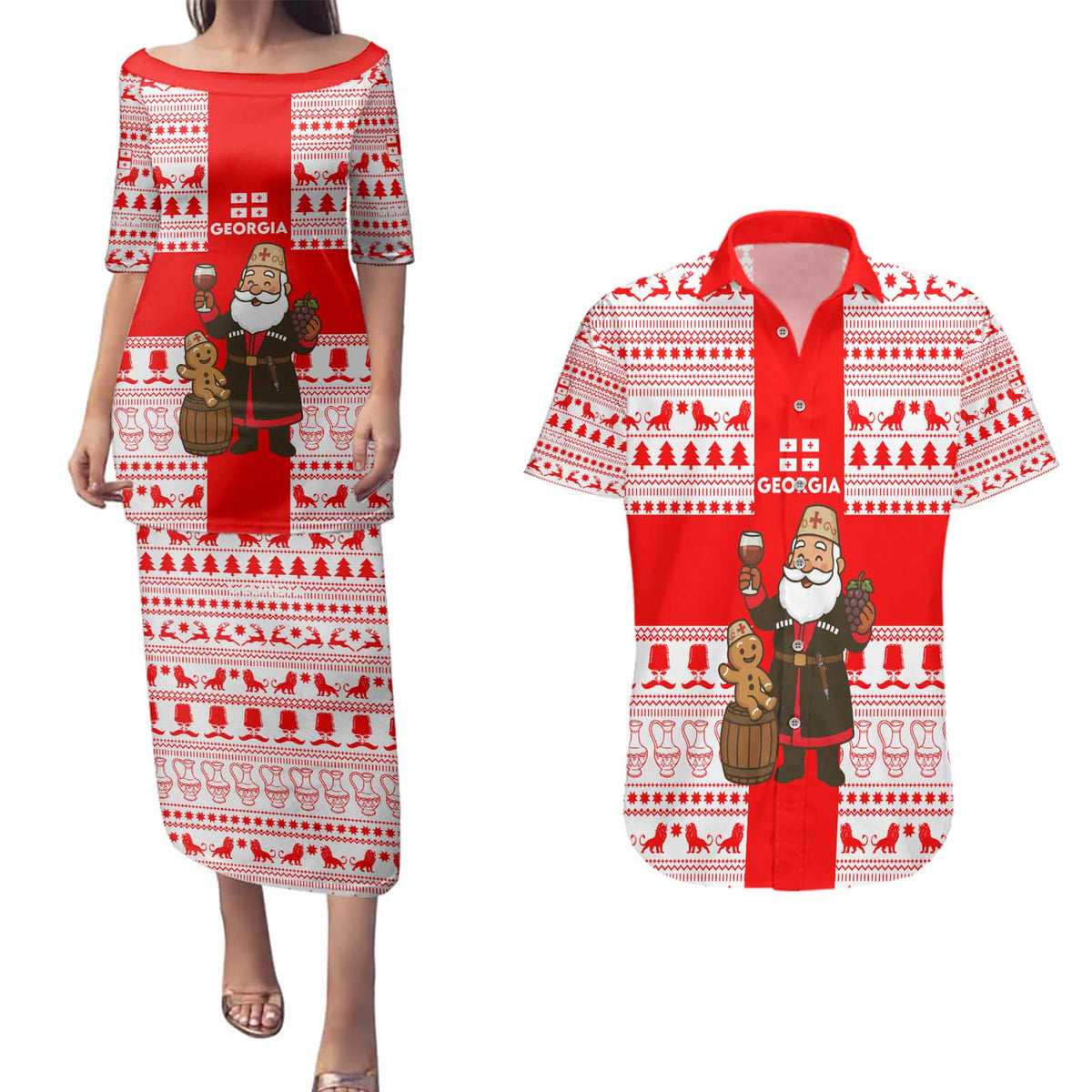 Georgia Christmas Couples Matching Puletasi and Hawaiian Shirt with Santa in Chokha Wine Barrel Gingerbread and Coat of Arms Design - Wonder Print Shop