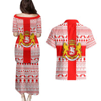 Georgia Christmas Couples Matching Puletasi and Hawaiian Shirt with Santa in Chokha Wine Barrel Gingerbread and Coat of Arms Design - Wonder Print Shop