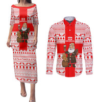 Georgia Christmas Couples Matching Puletasi and Long Sleeve Button Shirt with Santa in Chokha Wine Barrel Gingerbread and Coat of Arms Design - Wonder Print Shop