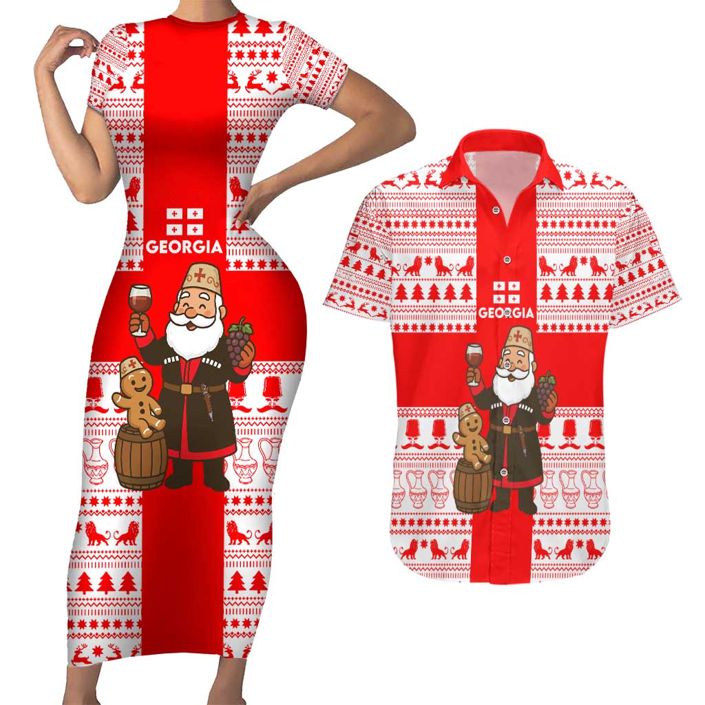 Georgia Christmas Couples Matching Short Sleeve Bodycon Dress and Hawaiian Shirt with Santa in Chokha Wine Barrel Gingerbread and Coat of Arms Design - Wonder Print Shop