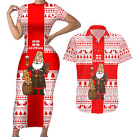 Georgia Christmas Couples Matching Short Sleeve Bodycon Dress and Hawaiian Shirt with Santa in Chokha Wine Barrel Gingerbread and Coat of Arms Design - Wonder Print Shop