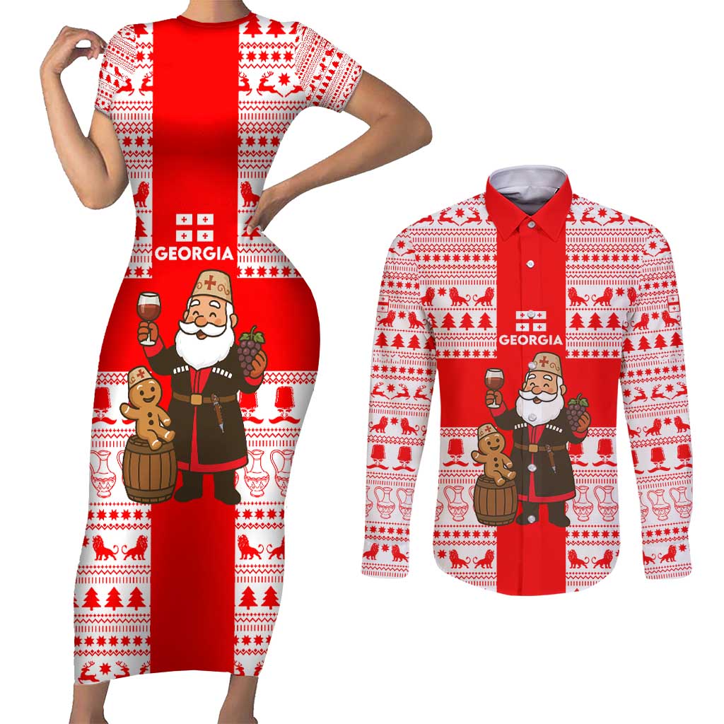 Georgia Christmas Couples Matching Short Sleeve Bodycon Dress and Long Sleeve Button Shirt with Santa in Chokha Wine Barrel Gingerbread and Coat of Arms Design - Wonder Print Shop