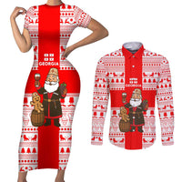 Georgia Christmas Couples Matching Short Sleeve Bodycon Dress and Long Sleeve Button Shirt with Santa in Chokha Wine Barrel Gingerbread and Coat of Arms Design - Wonder Print Shop