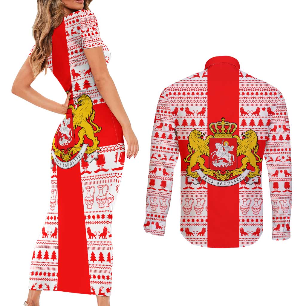 Georgia Christmas Couples Matching Short Sleeve Bodycon Dress and Long Sleeve Button Shirt with Santa in Chokha Wine Barrel Gingerbread and Coat of Arms Design - Wonder Print Shop