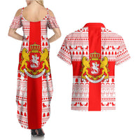 Georgia Christmas Couples Matching Summer Maxi Dress and Hawaiian Shirt with Santa in Chokha Wine Barrel Gingerbread and Coat of Arms Design - Wonder Print Shop
