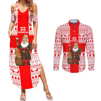 Georgia Christmas Couples Matching Summer Maxi Dress and Long Sleeve Button Shirt with Santa in Chokha Wine Barrel Gingerbread and Coat of Arms Design - Wonder Print Shop
