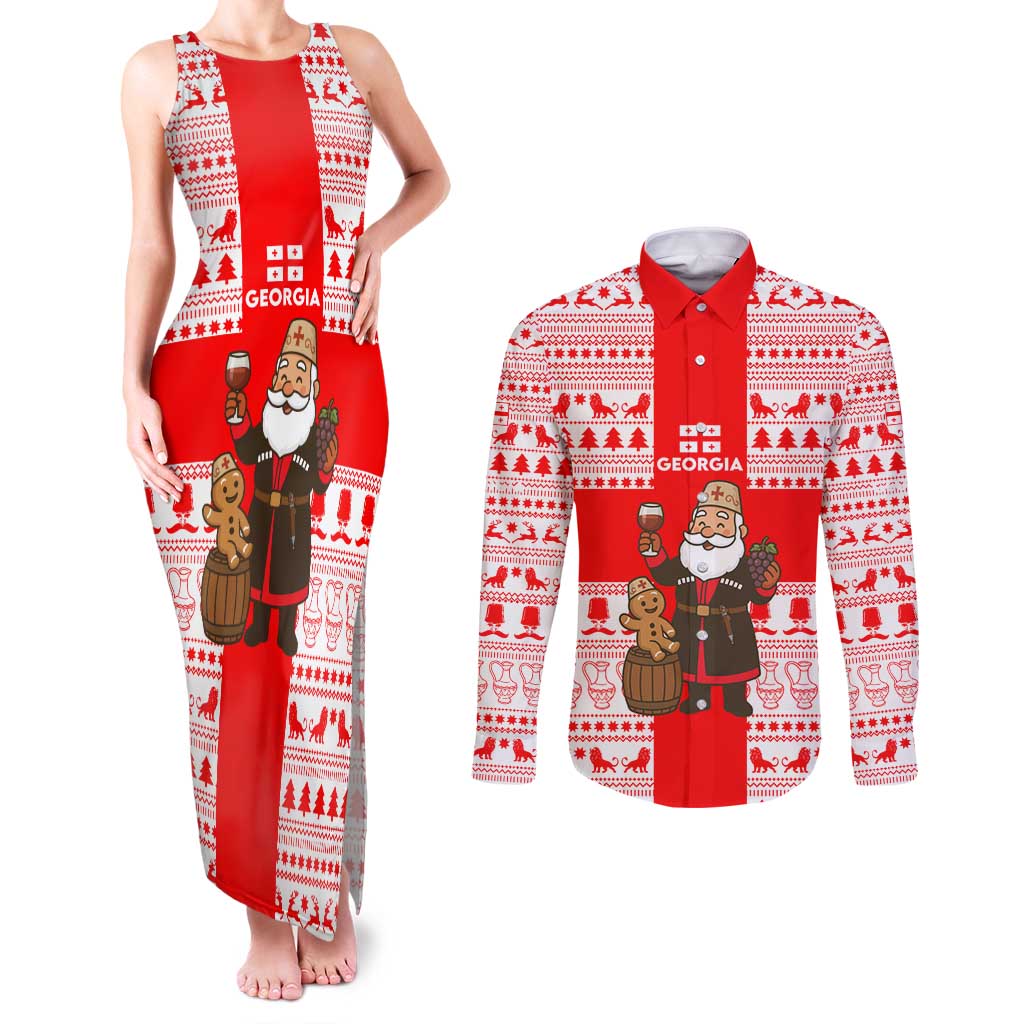 Georgia Christmas Couples Matching Tank Maxi Dress and Long Sleeve Button Shirt with Santa in Chokha Wine Barrel Gingerbread and Coat of Arms Design - Wonder Print Shop