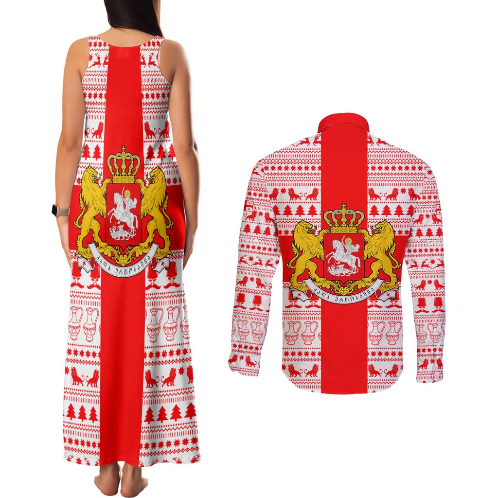 Georgia Christmas Couples Matching Tank Maxi Dress and Long Sleeve Button Shirt with Santa in Chokha Wine Barrel Gingerbread and Coat of Arms Design - Wonder Print Shop