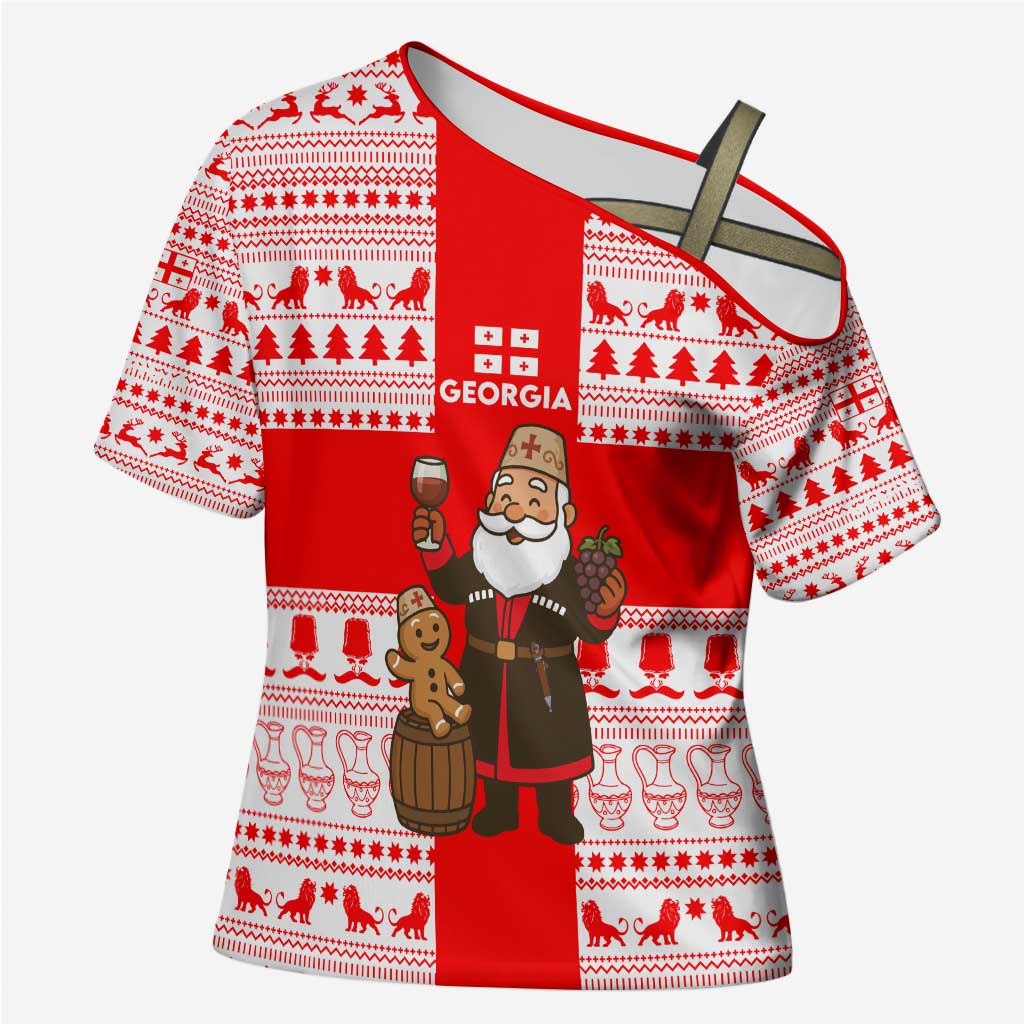 Georgia Christmas Cross Shoulder Shirt with Santa in Chokha Wine Barrel Gingerbread and Coat of Arms Design - Wonder Print Shop