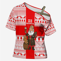 Georgia Christmas Cross Shoulder Shirt with Santa in Chokha Wine Barrel Gingerbread and Coat of Arms Design - Wonder Print Shop