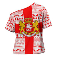 Georgia Christmas Cross Shoulder Shirt with Santa in Chokha Wine Barrel Gingerbread and Coat of Arms Design - Wonder Print Shop
