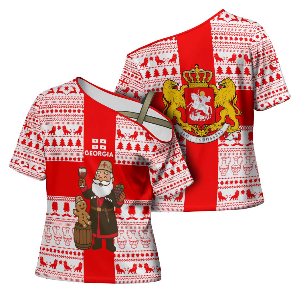 Georgia Christmas Cross Shoulder Shirt with Santa in Chokha Wine Barrel Gingerbread and Coat of Arms Design - Wonder Print Shop