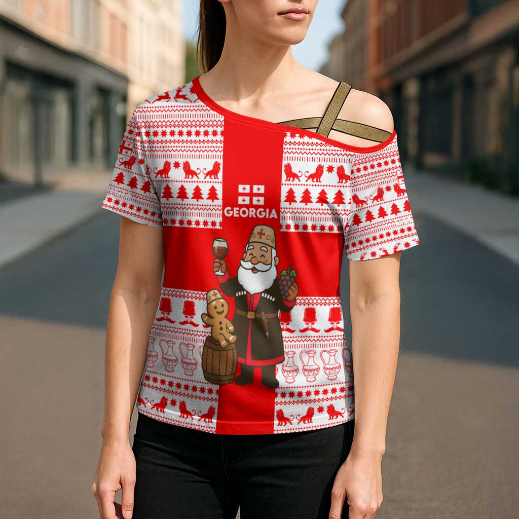 Georgia Christmas Cross Shoulder Shirt with Santa in Chokha Wine Barrel Gingerbread and Coat of Arms Design - Wonder Print Shop