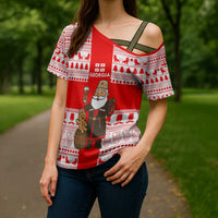 Georgia Christmas Cross Shoulder Shirt with Santa in Chokha Wine Barrel Gingerbread and Coat of Arms Design - Wonder Print Shop