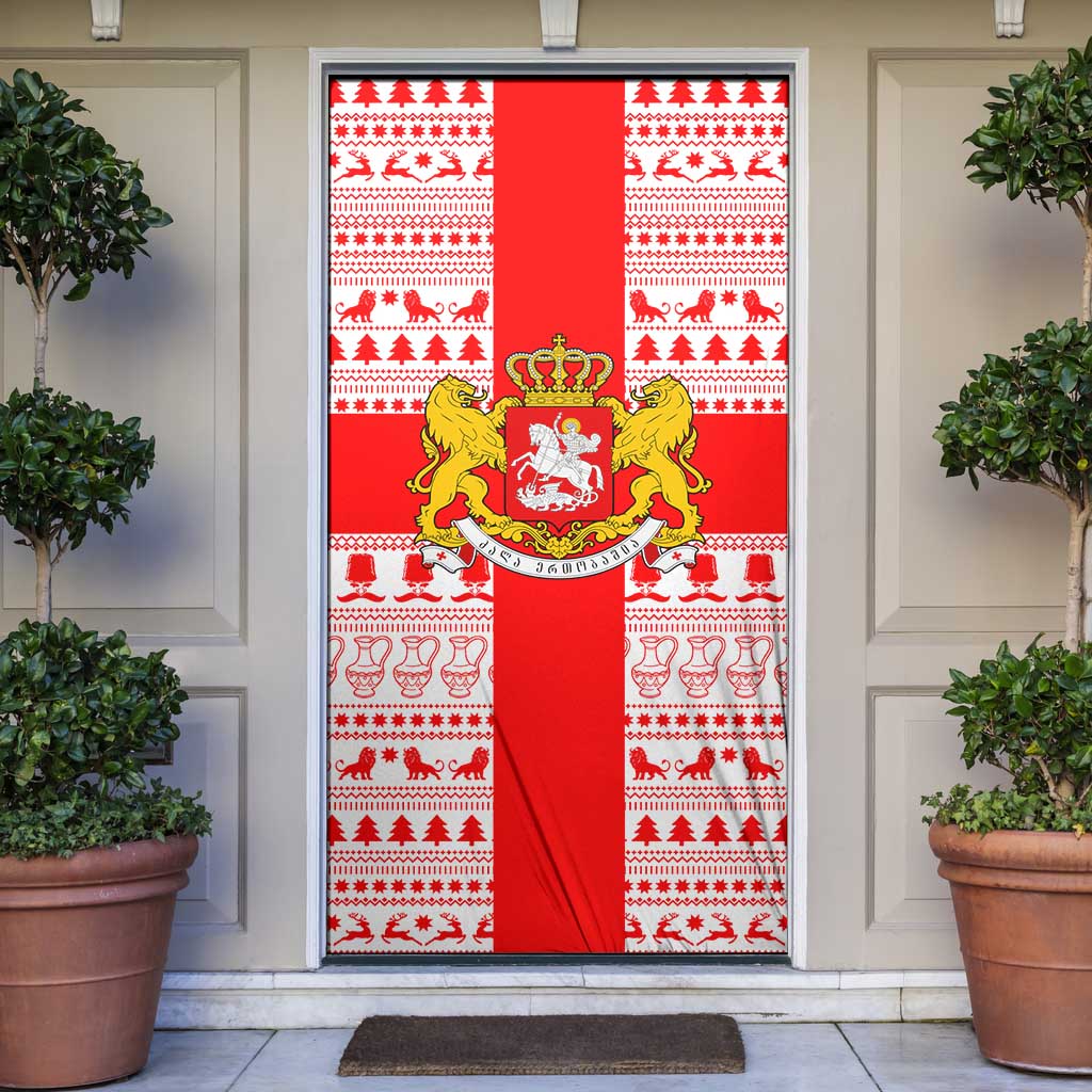 Georgia Christmas Door Cover with Santa in Chokha Wine Barrel Gingerbread and Coat of Arms Design - Wonder Print Shop