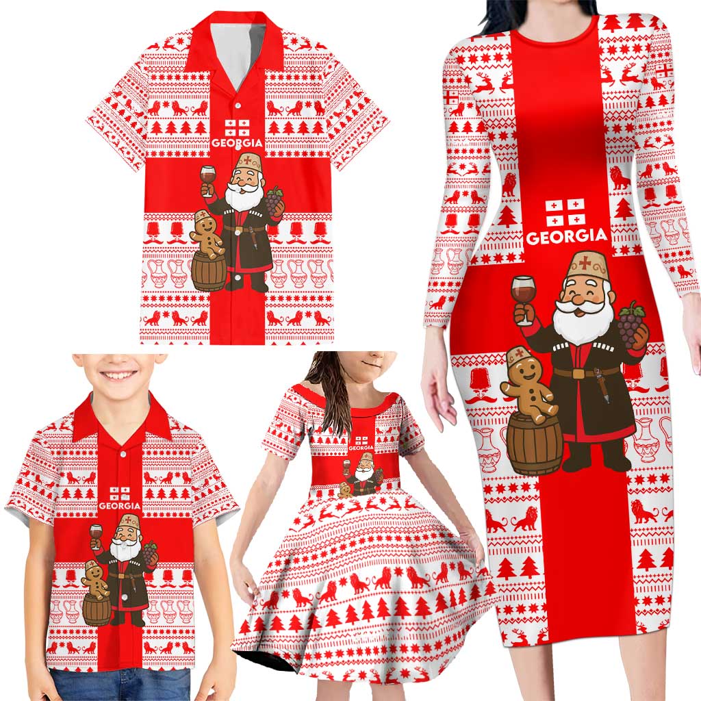 Georgia Christmas Family Matching Long Sleeve Bodycon Dress and Hawaiian Shirt with Santa in Chokha Wine Barrel Gingerbread and Coat of Arms Design - Wonder Print Shop