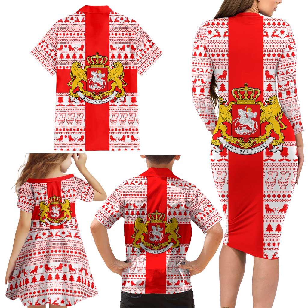 Georgia Christmas Family Matching Long Sleeve Bodycon Dress and Hawaiian Shirt with Santa in Chokha Wine Barrel Gingerbread and Coat of Arms Design - Wonder Print Shop