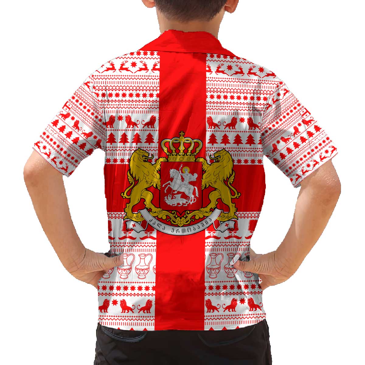 Georgia Christmas Family Matching Off The Shoulder Long Sleeve Dress and Hawaiian Shirt with Santa in Chokha Wine Barrel Gingerbread and Coat of Arms Design - Wonder Print Shop
