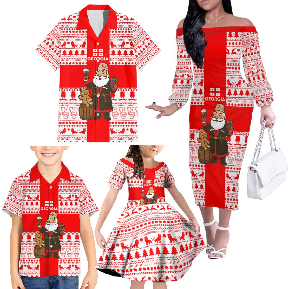 Georgia Christmas Family Matching Off The Shoulder Long Sleeve Dress and Hawaiian Shirt with Santa in Chokha Wine Barrel Gingerbread and Coat of Arms Design - Wonder Print Shop