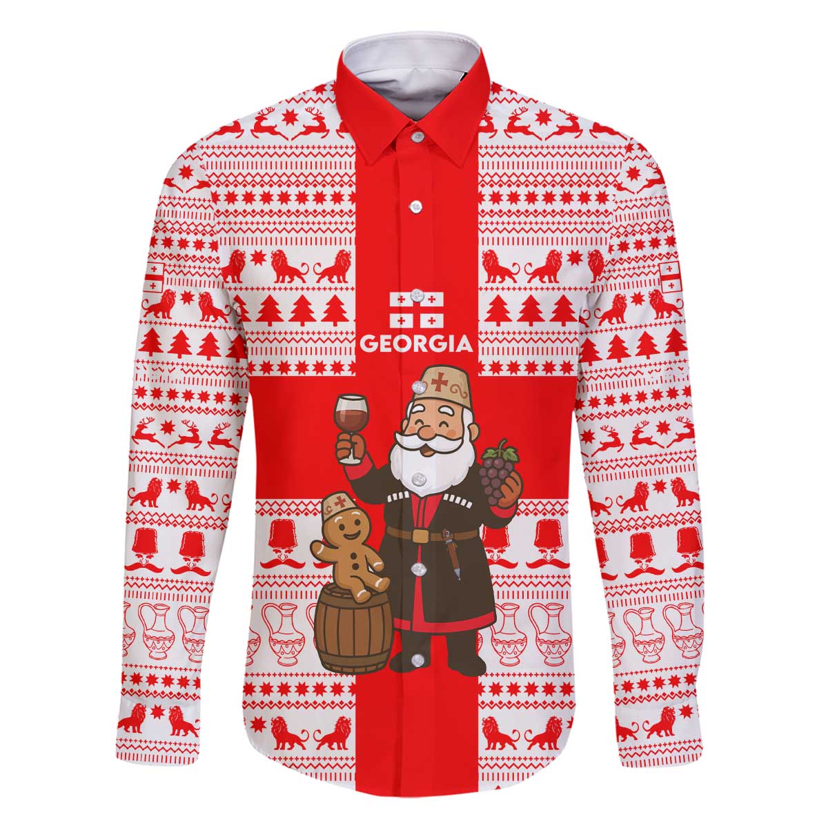 Georgia Christmas Family Matching Off The Shoulder Long Sleeve Dress and Hawaiian Shirt with Santa in Chokha Wine Barrel Gingerbread and Coat of Arms Design - Wonder Print Shop