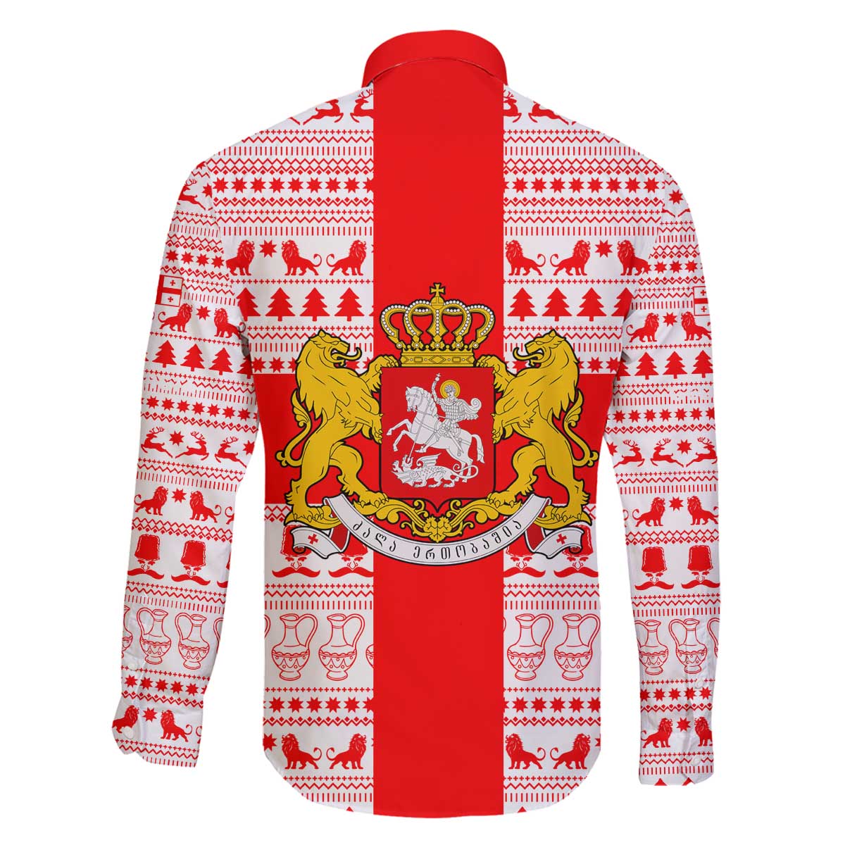 Georgia Christmas Family Matching Off The Shoulder Long Sleeve Dress and Hawaiian Shirt with Santa in Chokha Wine Barrel Gingerbread and Coat of Arms Design - Wonder Print Shop