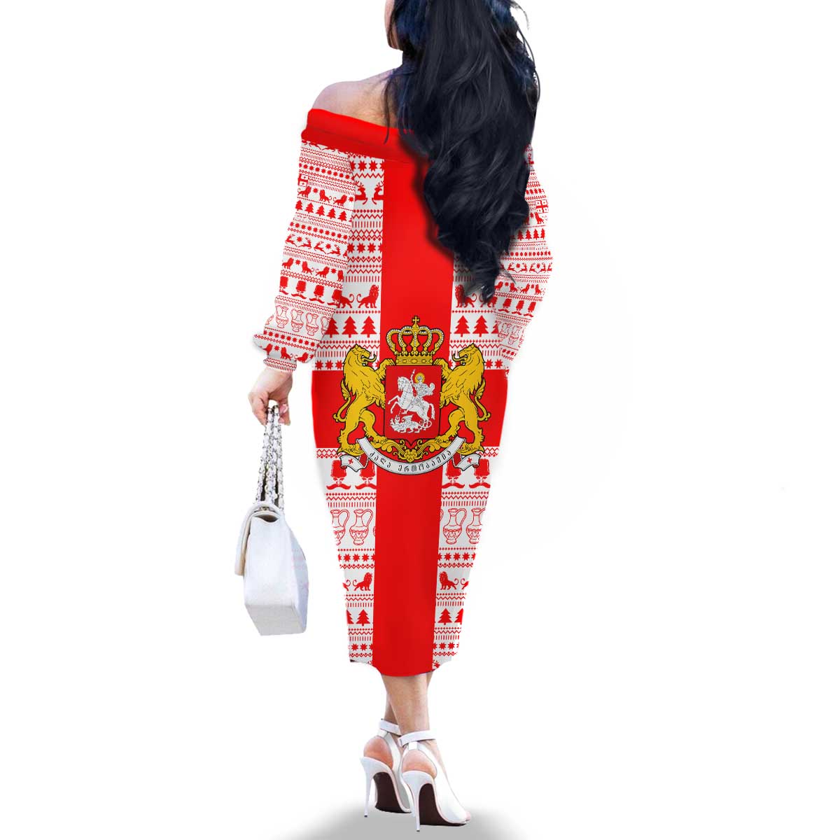 Georgia Christmas Family Matching Off The Shoulder Long Sleeve Dress and Hawaiian Shirt with Santa in Chokha Wine Barrel Gingerbread and Coat of Arms Design - Wonder Print Shop