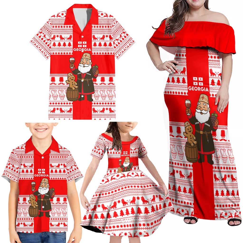 Georgia Christmas Family Matching Off Shoulder Maxi Dress and Hawaiian Shirt with Santa in Chokha Wine Barrel Gingerbread and Coat of Arms Design - Wonder Print Shop