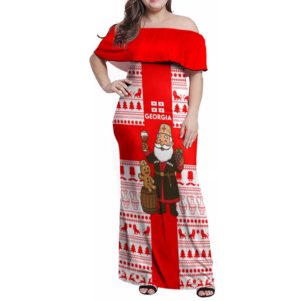 Georgia Christmas Family Matching Off Shoulder Maxi Dress and Hawaiian Shirt with Santa in Chokha Wine Barrel Gingerbread and Coat of Arms Design - Wonder Print Shop