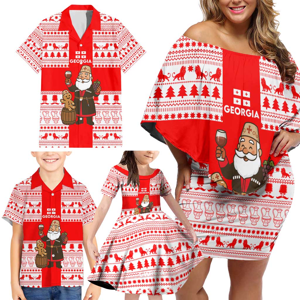 Georgia Christmas Family Matching Off Shoulder Short Dress and Hawaiian Shirt with Santa in Chokha Wine Barrel Gingerbread and Coat of Arms Design - Wonder Print Shop