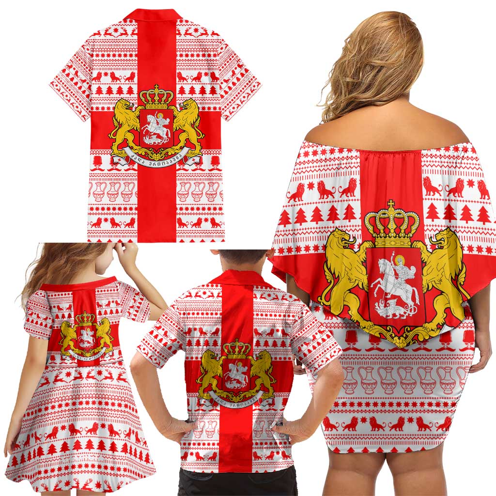 Georgia Christmas Family Matching Off Shoulder Short Dress and Hawaiian Shirt with Santa in Chokha Wine Barrel Gingerbread and Coat of Arms Design - Wonder Print Shop