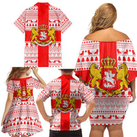 Georgia Christmas Family Matching Off Shoulder Short Dress and Hawaiian Shirt with Santa in Chokha Wine Barrel Gingerbread and Coat of Arms Design - Wonder Print Shop