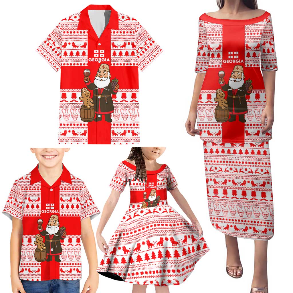 Georgia Christmas Family Matching Puletasi and Hawaiian Shirt with Santa in Chokha Wine Barrel Gingerbread and Coat of Arms Design - Wonder Print Shop