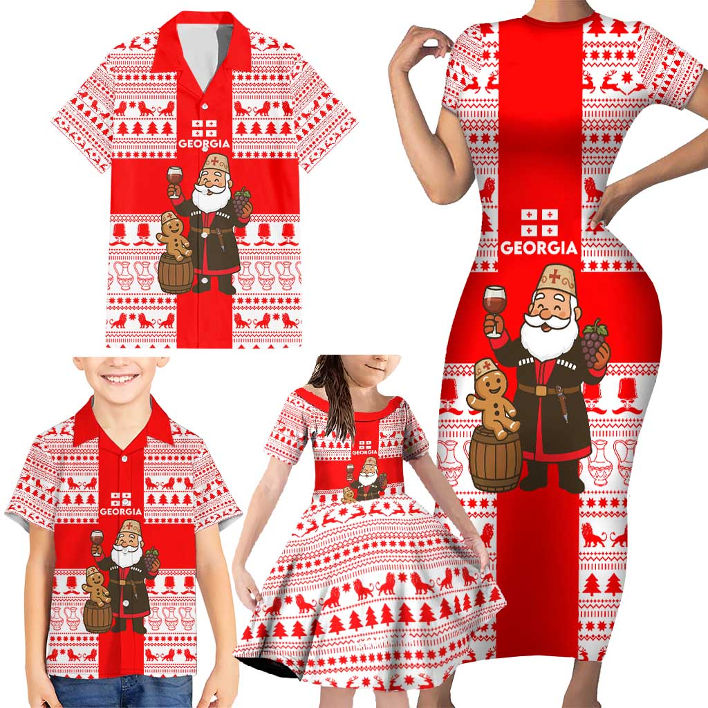 Georgia Christmas Family Matching Short Sleeve Bodycon Dress and Hawaiian Shirt with Santa in Chokha Wine Barrel Gingerbread and Coat of Arms Design - Wonder Print Shop