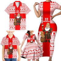 Georgia Christmas Family Matching Short Sleeve Bodycon Dress and Hawaiian Shirt with Santa in Chokha Wine Barrel Gingerbread and Coat of Arms Design - Wonder Print Shop