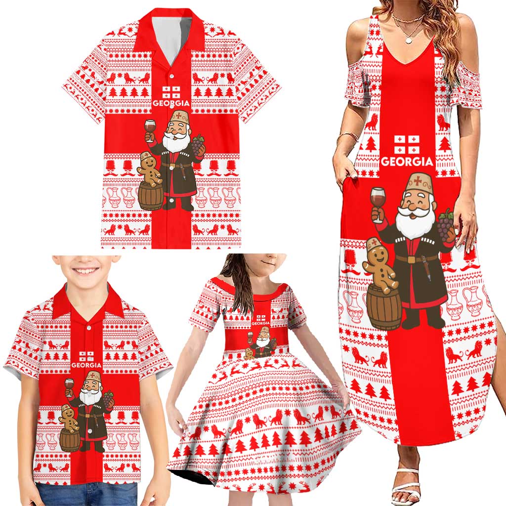 Georgia Christmas Family Matching Summer Maxi Dress and Hawaiian Shirt with Santa in Chokha Wine Barrel Gingerbread and Coat of Arms Design - Wonder Print Shop