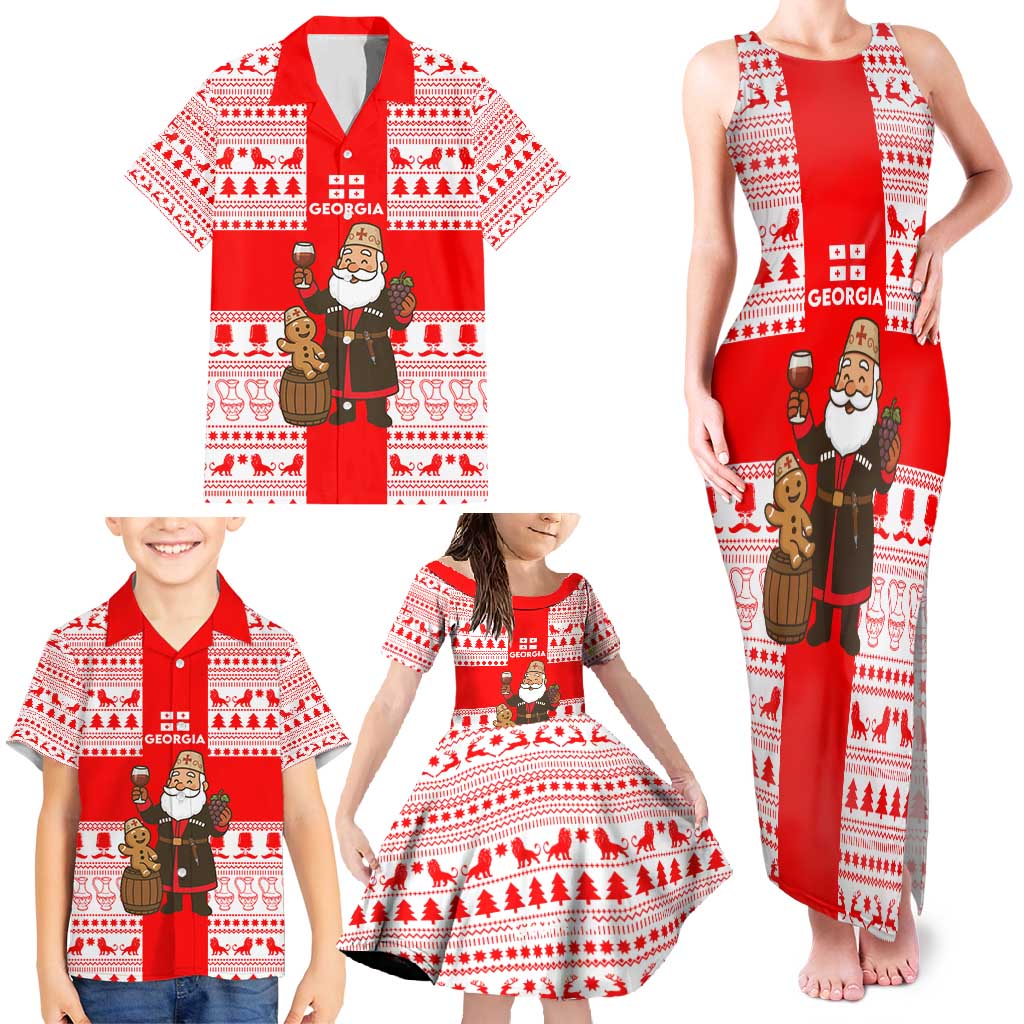 Georgia Christmas Family Matching Tank Maxi Dress and Hawaiian Shirt with Santa in Chokha Wine Barrel Gingerbread and Coat of Arms Design - Wonder Print Shop