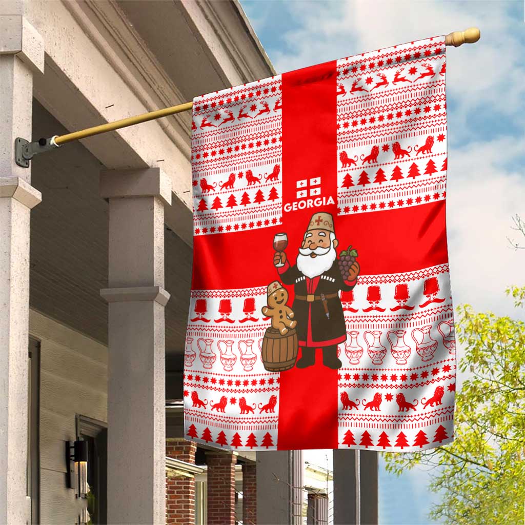 Georgia Christmas Garden Flag with Santa in Chokha Wine Barrel Gingerbread and Coat of Arms Design - Wonder Print Shop