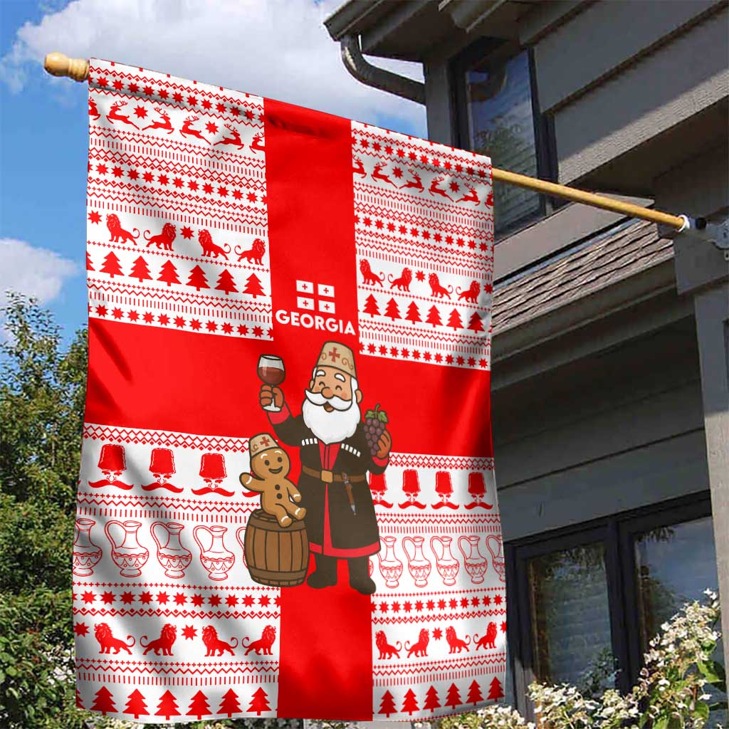 Georgia Christmas Garden Flag with Santa in Chokha Wine Barrel Gingerbread and Coat of Arms Design - Wonder Print Shop