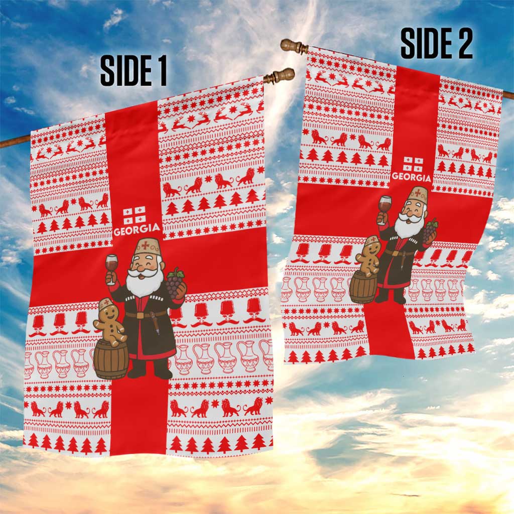 Georgia Christmas Garden Flag with Santa in Chokha Wine Barrel Gingerbread and Coat of Arms Design - Wonder Print Shop