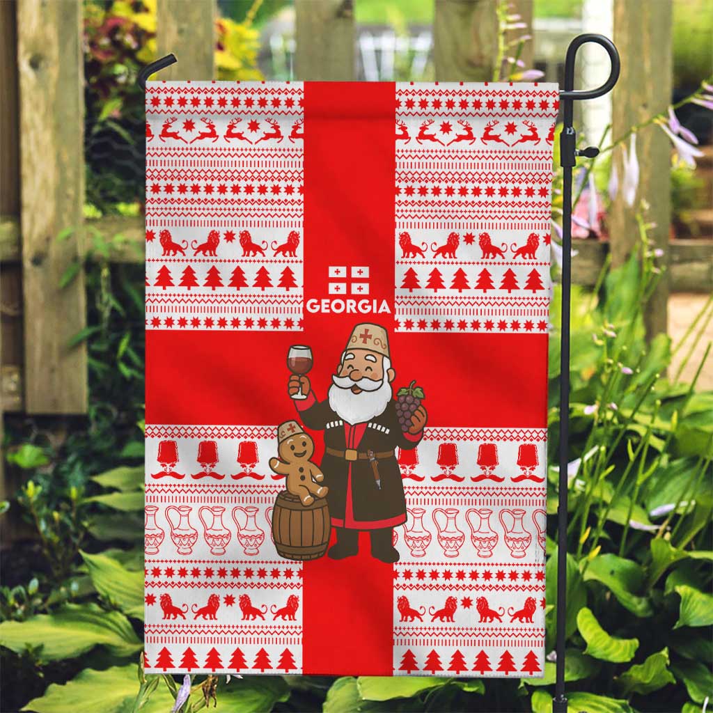 Georgia Christmas Garden Flag with Santa in Chokha Wine Barrel Gingerbread and Coat of Arms Design - Wonder Print Shop