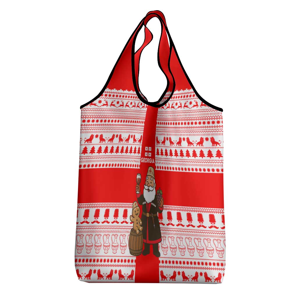 Georgia Christmas Grocery Bag with Santa in Chokha Wine Barrel Gingerbread and Coat of Arms Design - Wonder Print Shop