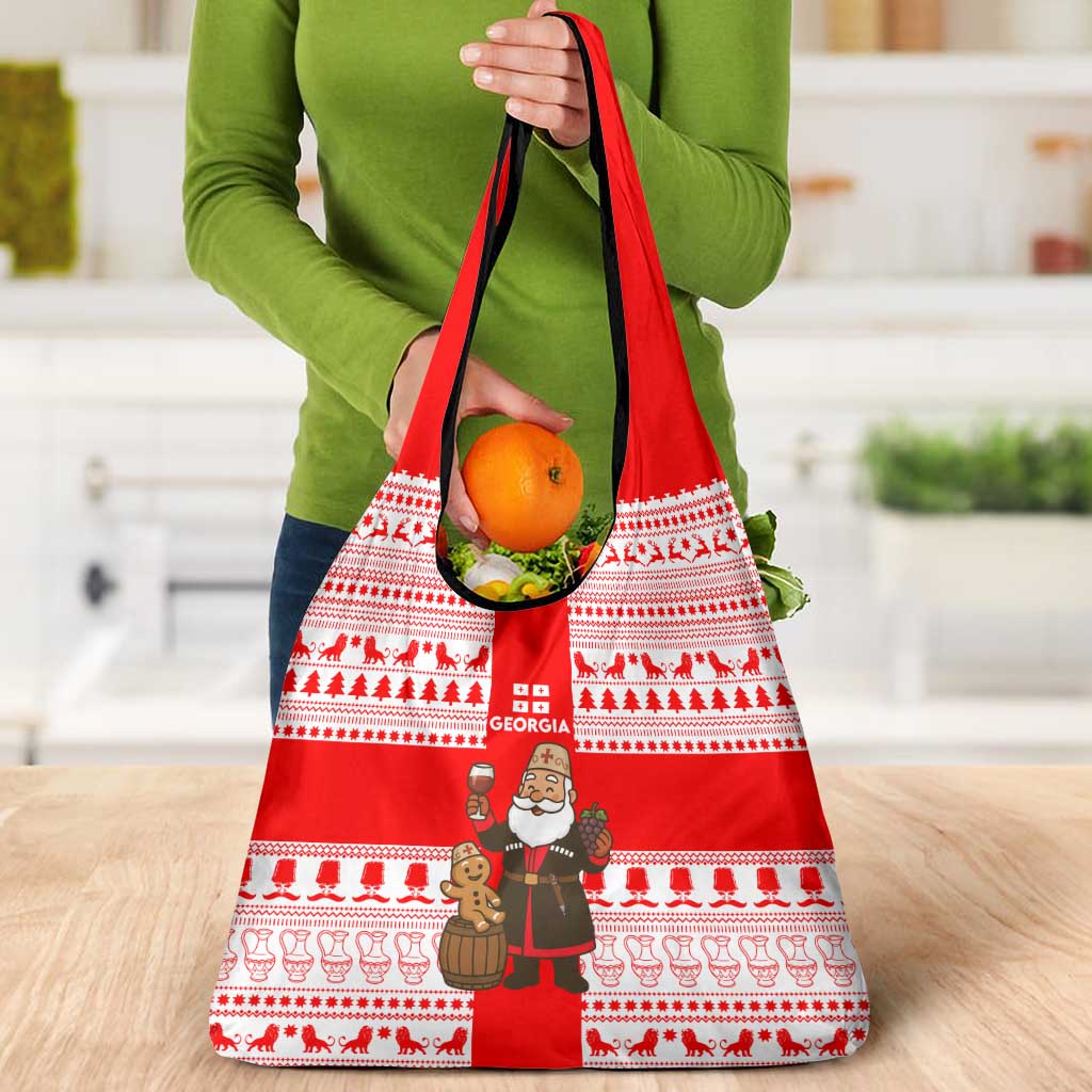 Georgia Christmas Grocery Bag with Santa in Chokha Wine Barrel Gingerbread and Coat of Arms Design - Wonder Print Shop