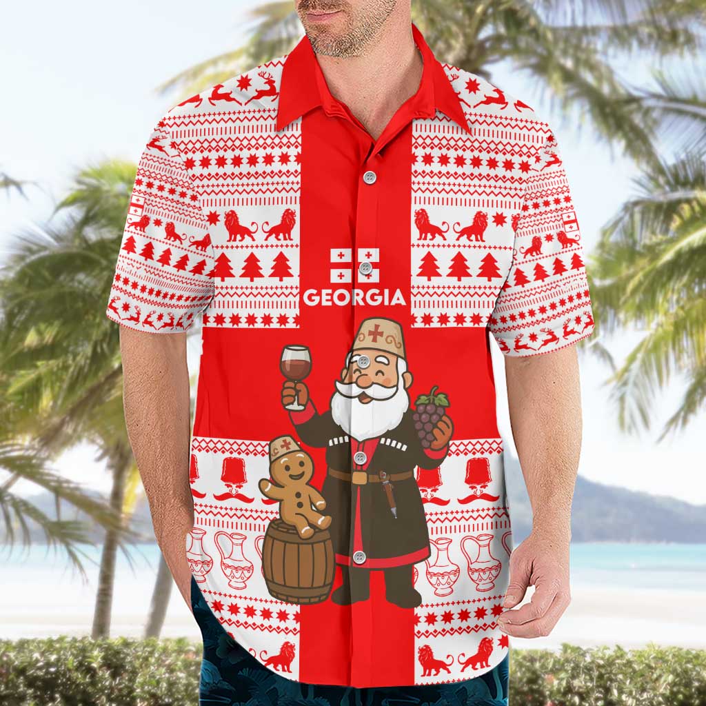 Georgia Christmas Hawaiian Shirt with Santa in Chokha Wine Barrel Gingerbread and Coat of Arms Design - Wonder Print Shop