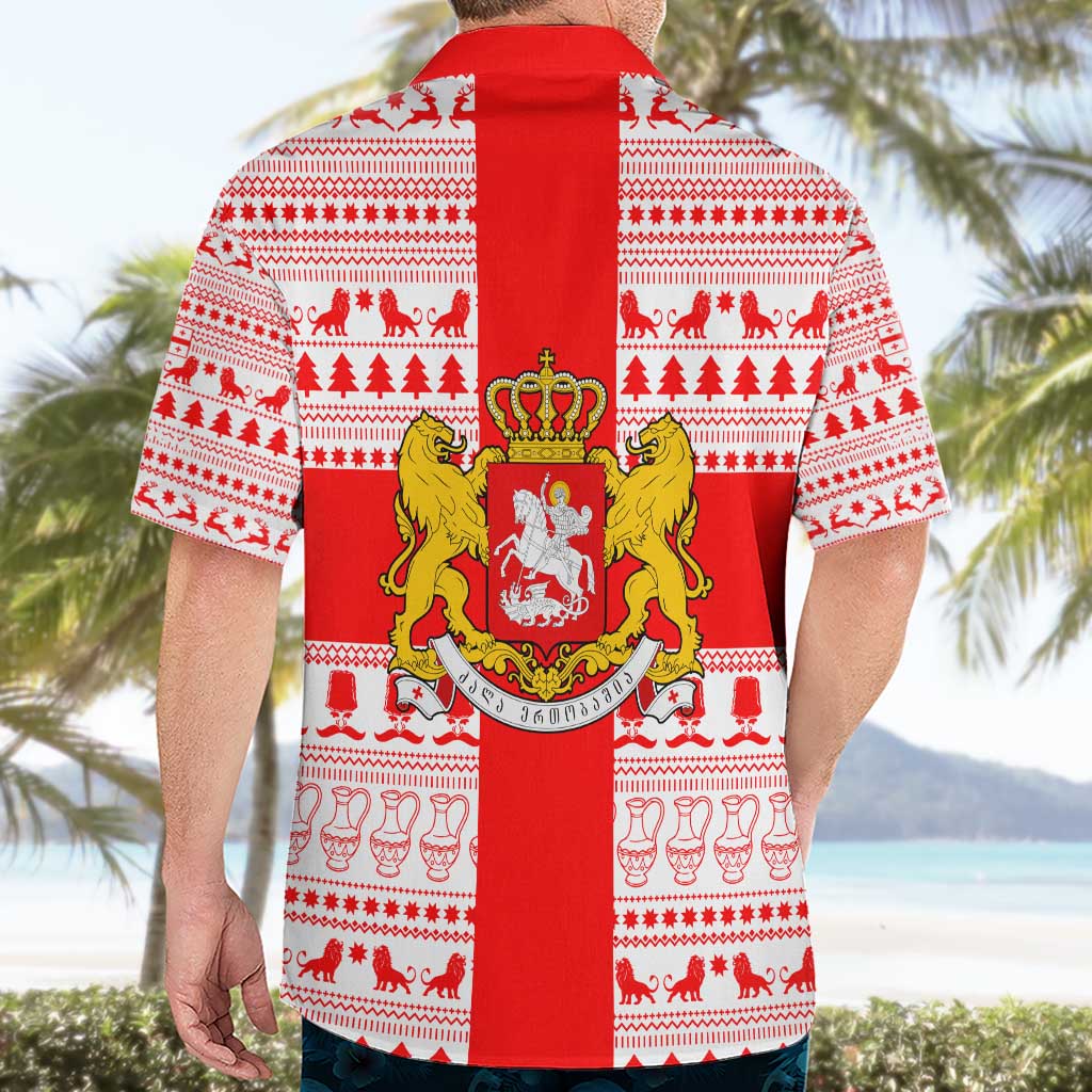 Georgia Christmas Hawaiian Shirt with Santa in Chokha Wine Barrel Gingerbread and Coat of Arms Design - Wonder Print Shop