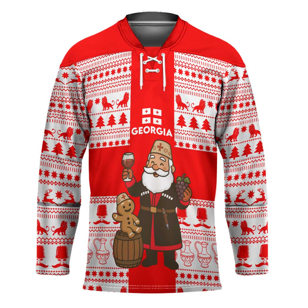 Georgia Christmas Hockey Jersey with Santa in Chokha Wine Barrel Gingerbread and Coat of Arms Design - Wonder Print Shop