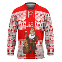 Georgia Christmas Hockey Jersey with Santa in Chokha Wine Barrel Gingerbread and Coat of Arms Design - Wonder Print Shop