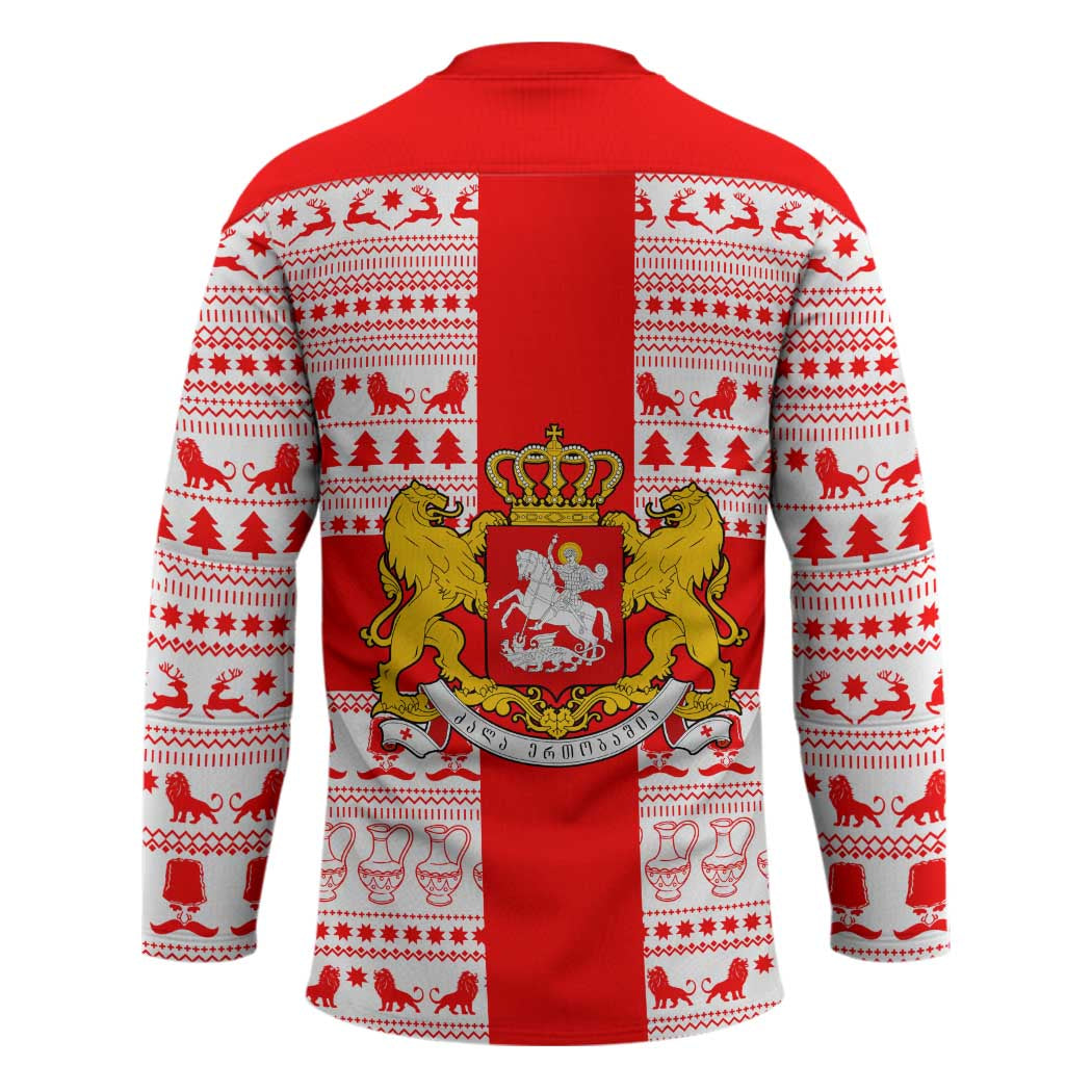 Georgia Christmas Hockey Jersey with Santa in Chokha Wine Barrel Gingerbread and Coat of Arms Design - Wonder Print Shop