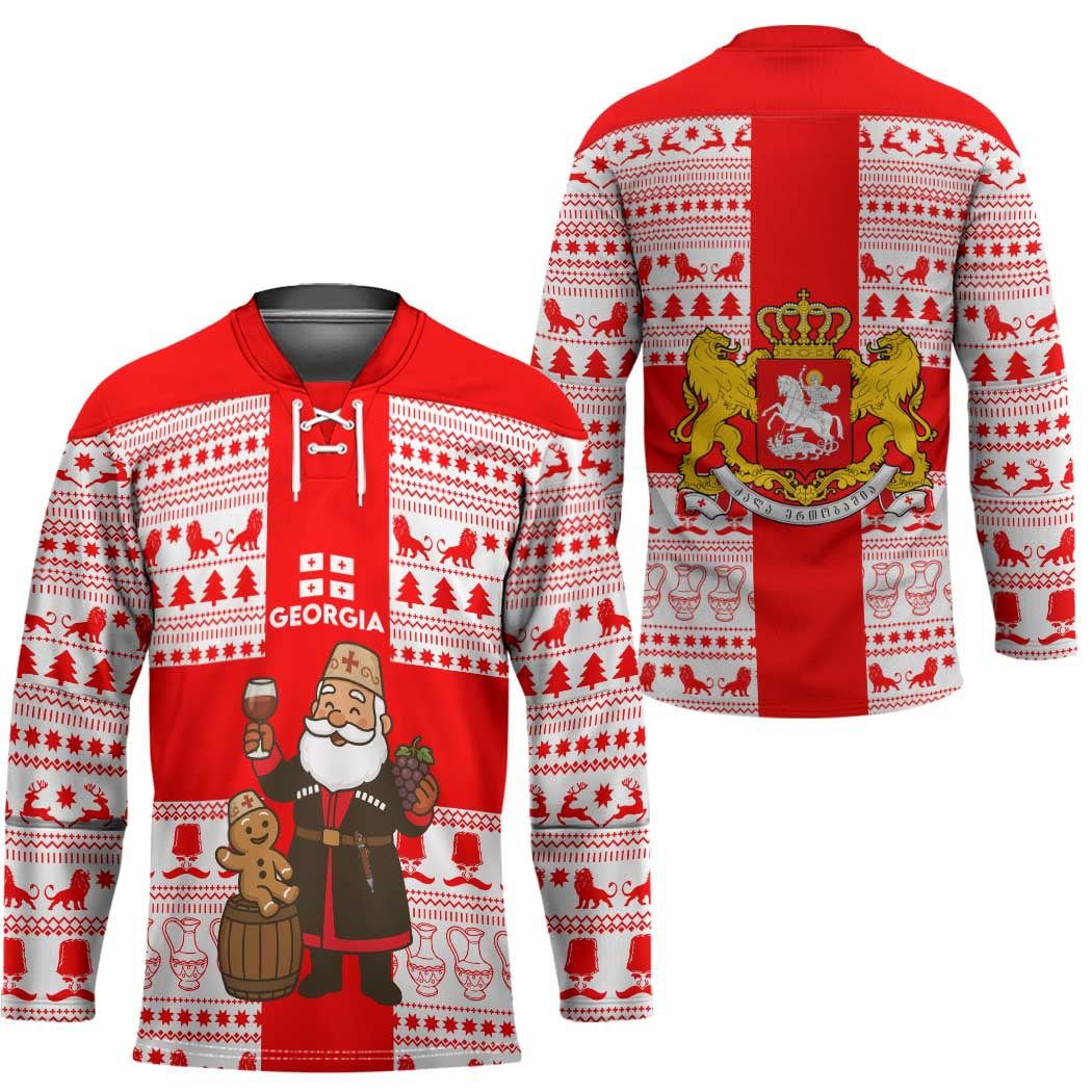 Georgia Christmas Hockey Jersey with Santa in Chokha Wine Barrel Gingerbread and Coat of Arms Design - Wonder Print Shop