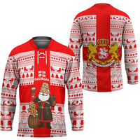 Georgia Christmas Hockey Jersey with Santa in Chokha Wine Barrel Gingerbread and Coat of Arms Design - Wonder Print Shop